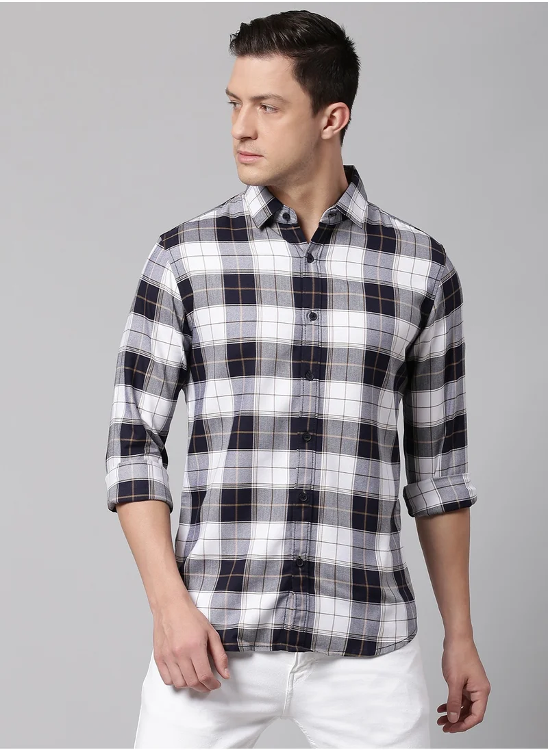 دينيس لينغو Slim Fit Navy Men's Checkered Shirt, Spread Collar, Full Sleeves, 100% Cotton