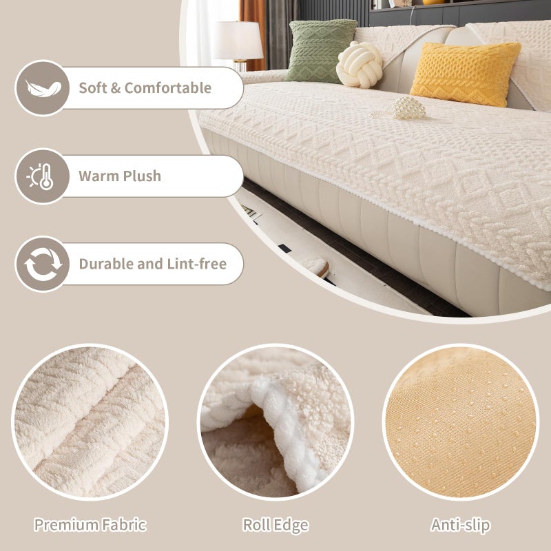 MDSASFD Geometric Jacquard Plush Warm Sofa Couch Cover, Soft Funny Fuzzy Couch Covers, Non Slip Sectional Sofa Slipcover, Cozy Washable Furniture Protector for Kids, Pets (Beige White, 36"x 71") - Image 2