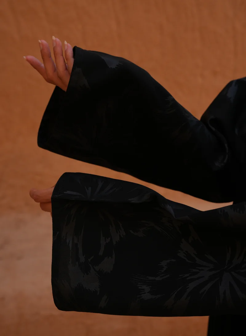 FASHION LINE Abaya Black Sleeves Jacquard Print Design, V-Open Neck