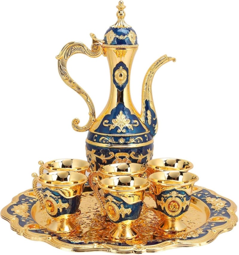 طقم إبريق قهوة تركي عتيق، طقم إبريق نبيذ معدني على الطراز الروسي مع 6 أكواب للشرب، طقم شاي ذهبي وأزرق، مناسب للأعمال الفنية المنزلية، هدايا الزفاف، زينة منزلية للحفلات.