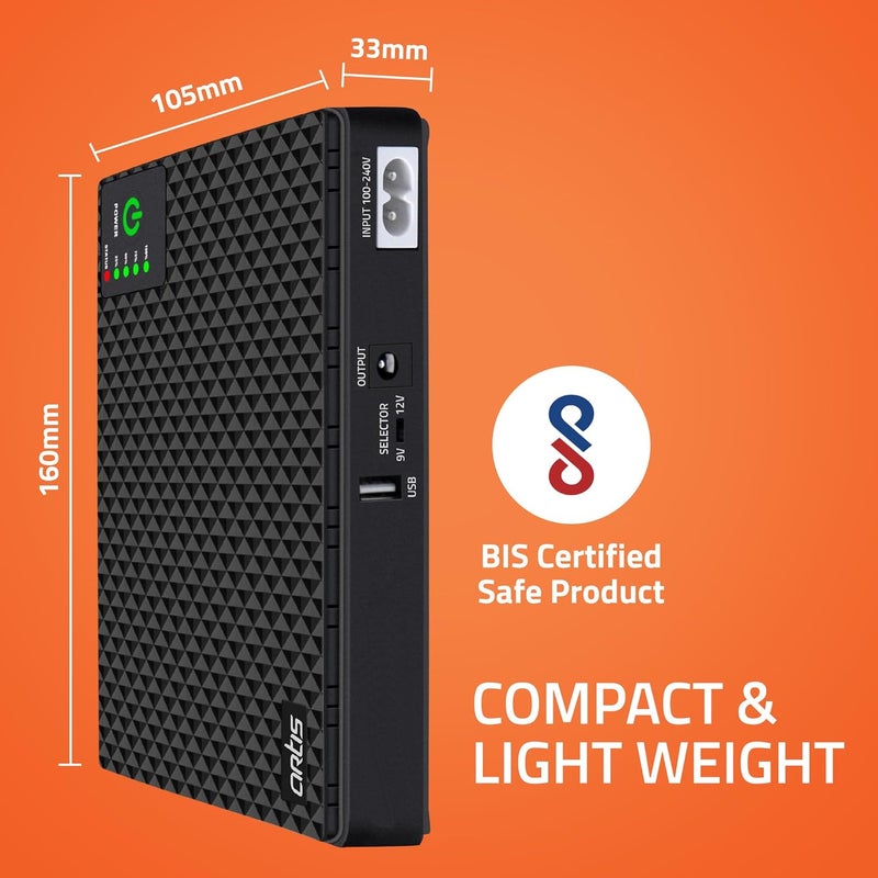 Artis AR-MINIDC-2 UPS صغير لجهاز التوجيه/المودم/أجهزة صندوق الاستقبال. بطارية 8800 مللي أمبير تدعم 9 فولت/12 فولت-1 أمبير/1.5 أمبير/2 أمبير لجهاز التوجيه. منفذ USB لشحن الهاتف، مؤشرات مستوى البطارية. معتمد من BIS. - Image 4