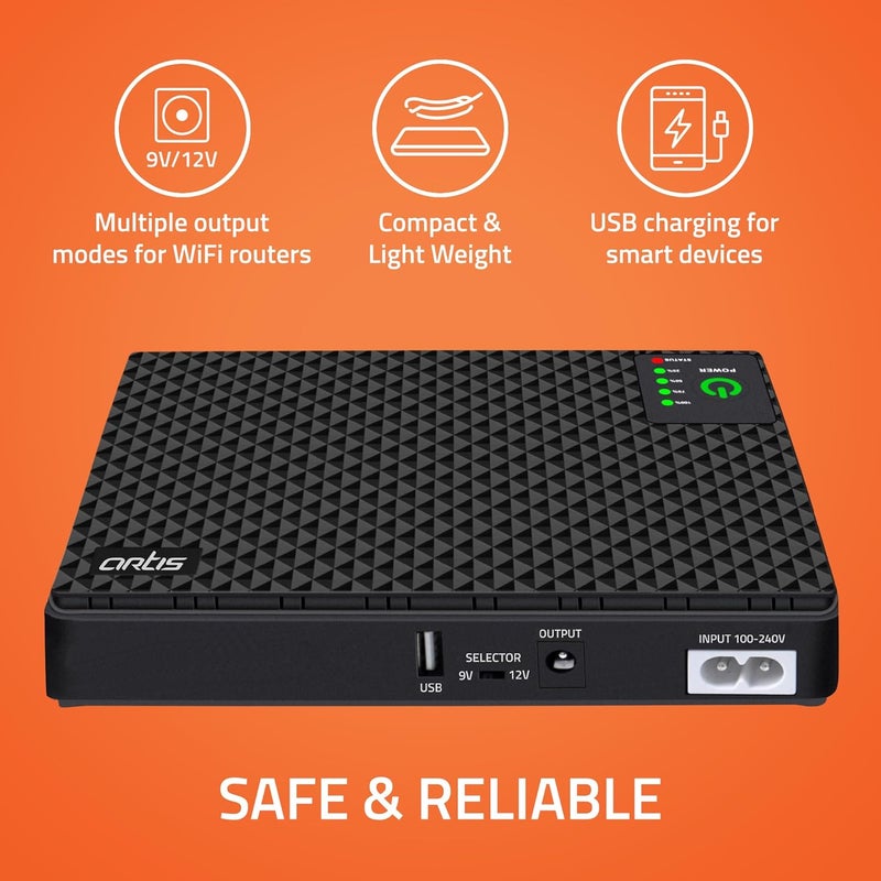 Artis AR-MINIDC-2 UPS صغير لجهاز التوجيه/المودم/أجهزة صندوق الاستقبال. بطارية 8800 مللي أمبير تدعم 9 فولت/12 فولت-1 أمبير/1.5 أمبير/2 أمبير لجهاز التوجيه. منفذ USB لشحن الهاتف، مؤشرات مستوى البطارية. معتمد من BIS. - Image 2