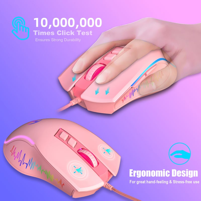 Gaming Keyboard: Pink RGB Backlight, Volume Control, Plug Play - Ergonomic Mouse, Adjustable DPI, Optical Sensor for Gamers, Office Users - Image 4