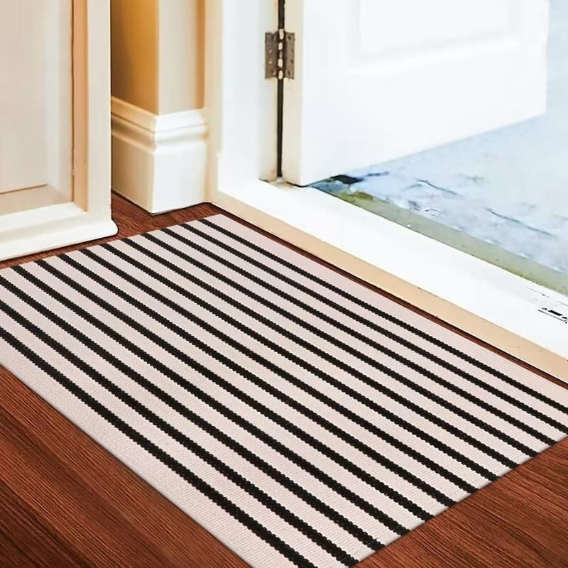 LEEVAN Washable Proch Rug Soft Entryway Rug 2.3'X3.6'  Cotton Woven Bathroom Rugs Front Porch Decor Black and White Area Rug Outdoor Rug - Image 3