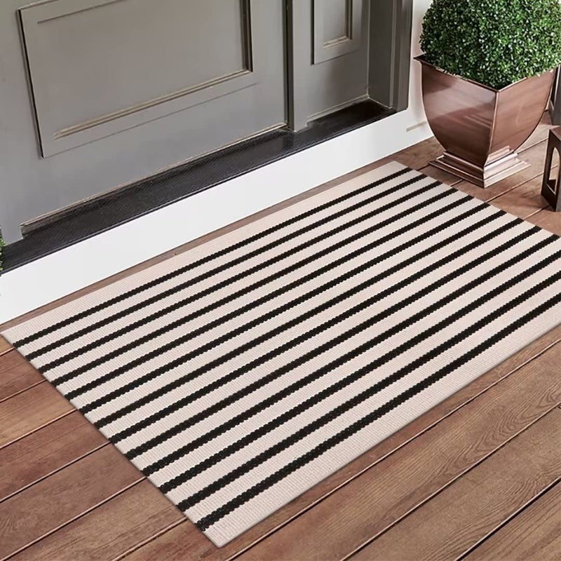 LEEVAN Washable Proch Rug Soft Entryway Rug 2.3'X3.6'  Cotton Woven Bathroom Rugs Front Porch Decor Black and White Area Rug Outdoor Rug - Image 2