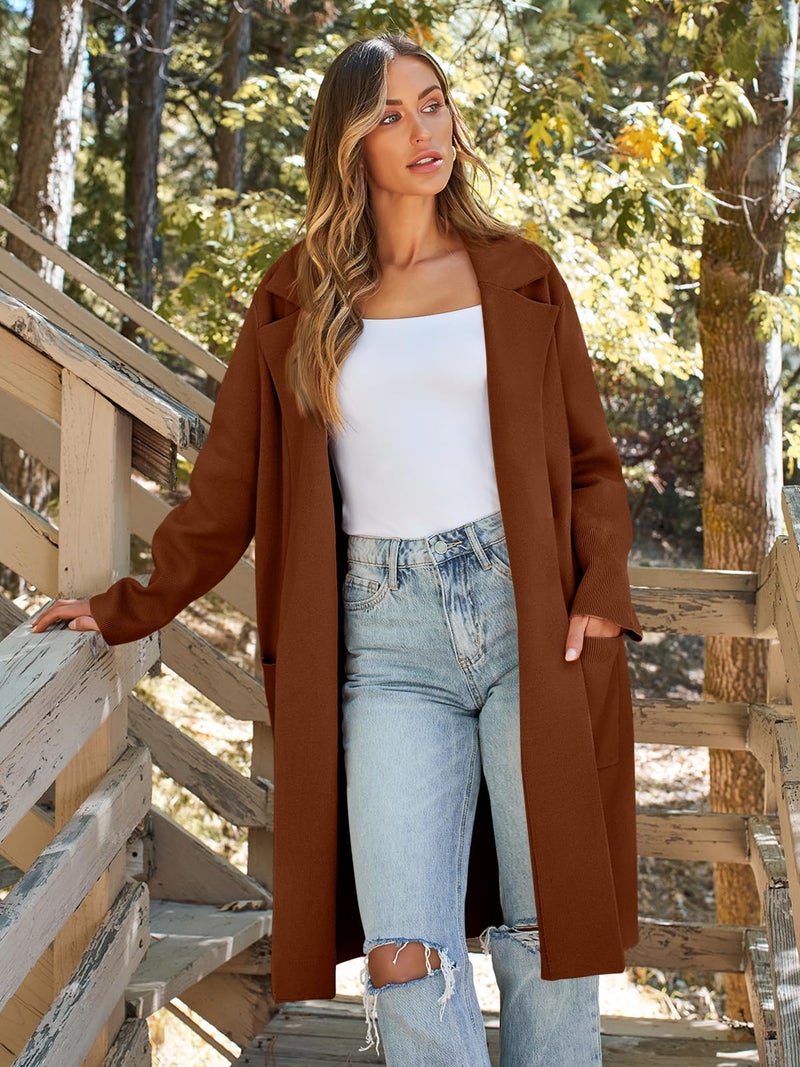 LILLUSORY Women's Long Dressy Cardigan Sweaters Fall Oversized Cozy Jacket Outfits 2025 Date Night Winter Trench Coats Caramel XL - Image 2