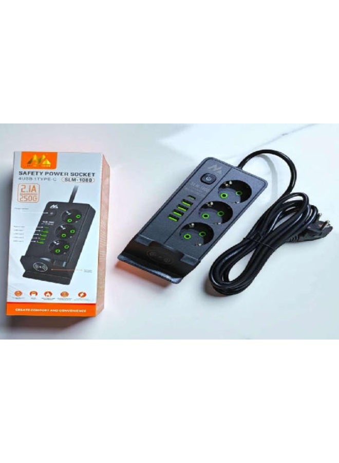3-Socket Power Strip with 4 USB + 1 Type-C & Wireless Charger – Multi-Device Charging Hub