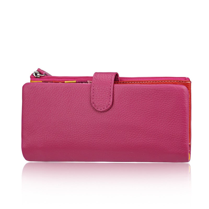 Factory direct wholesale top layer cowhide ladies wallet candy color ladies wallet multi-card credit card bag 3590 Rose Red