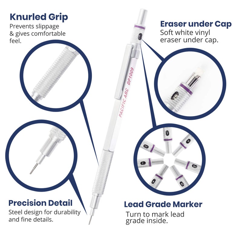 Pacific Arc قلم رصاص ميكانيكي معدني كروموغراف من باسيفيك آرك 0.9 مم ببرميل فضي مع درجة قلم قابلة للتعديل مدمجة، حامل قلم رصاص للرسم والتخطيط والتصميم - Image 3