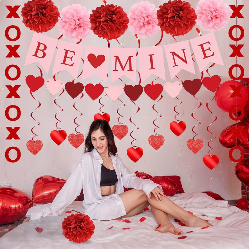 pugkloy Upgraded Valentines Day Decorations Set Pre-Assembled Hanging Heart Swirls Be Mine Banner Heart Xo Garlands Banner For Valentines Wedding Engagement Anniversary Party - Image 5