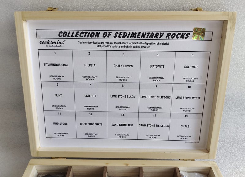 Rocksmins SR15WB Collection Set of 15 Sedimentary Rocks in Wooden Box 15 Big Specimens for Students of School College Education Igneous Sedimentary Metamorphic samples collections introductory activity stones kit - Image 5