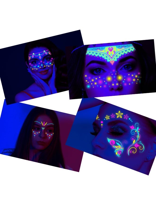8PCS Neon Face Tattoos Glow in The Dark Temporary Tattoos,UV Blacklight Tattoos Stickers Body Face Flowers Butterfly Tattoo for Glow Party Makeup Supplies Favors - Image 3