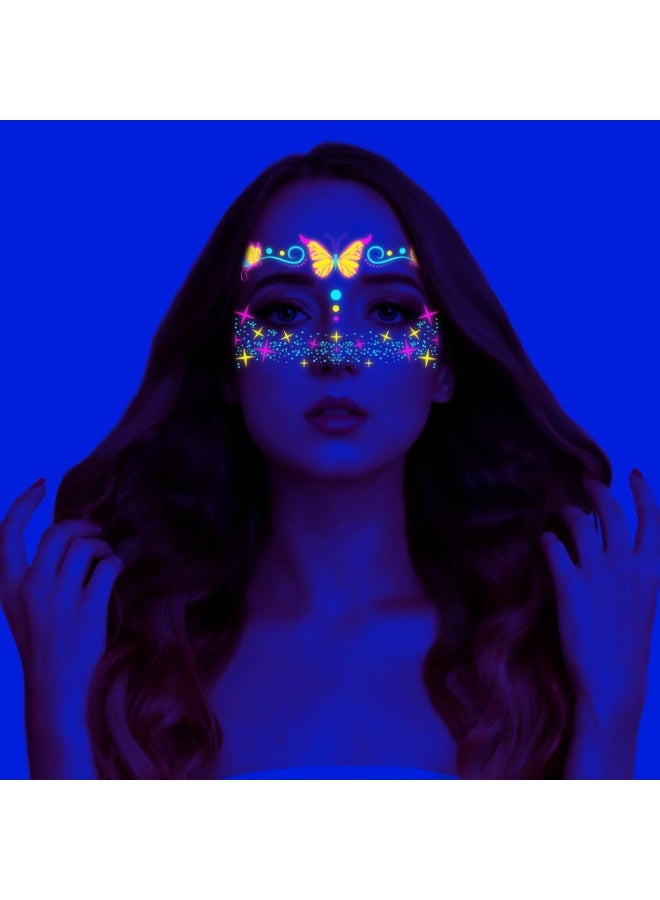 8PCS Neon Face Tattoos Glow in The Dark Temporary Tattoos,UV Blacklight Tattoos Stickers Body Face Flowers Butterfly Tattoo for Glow Party Makeup Supplies Favors - Image 2