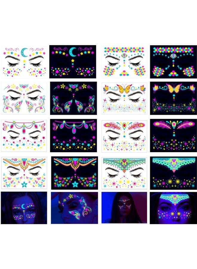 8PCS Neon Face Tattoos Glow in The Dark Temporary Tattoos,UV Blacklight Tattoos Stickers Body Face Flowers Butterfly Tattoo for Glow Party Makeup Supplies Favors - Image 1
