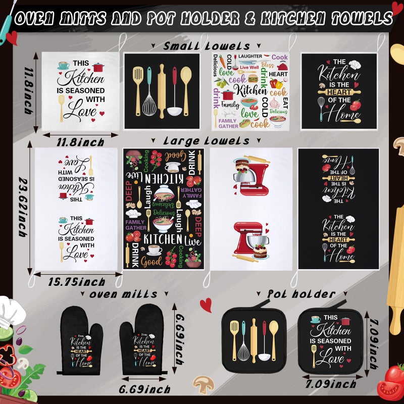 Bencailor 12 Pcs Farmhouse Kitchen Decoration Set 4 Funny Quote Black Kitchen Towels 4 Absorbent Dishcloths 2 Pot Holders 2 Oven Mitts Gloves for Home Decorations Mom Gifts - Image 3