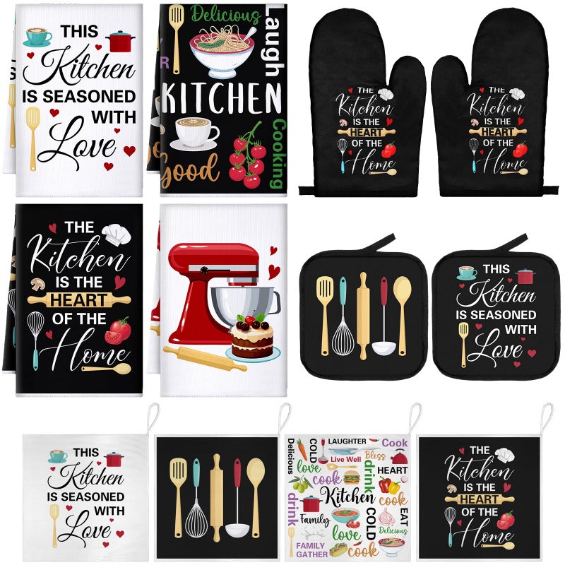 Bencailor 12 Pcs Farmhouse Kitchen Decoration Set 4 Funny Quote Black Kitchen Towels 4 Absorbent Dishcloths 2 Pot Holders 2 Oven Mitts Gloves for Home Decorations Mom Gifts - Image 1