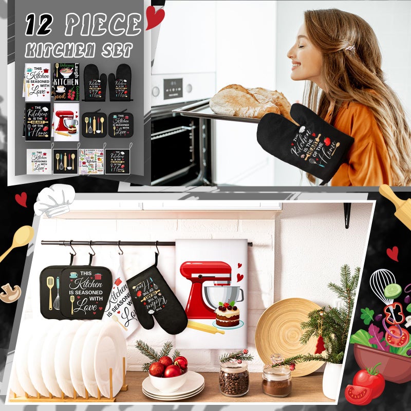 Bencailor 12 Pcs Farmhouse Kitchen Decoration Set 4 Funny Quote Black Kitchen Towels 4 Absorbent Dishcloths 2 Pot Holders 2 Oven Mitts Gloves for Home Decorations Mom Gifts - Image 2