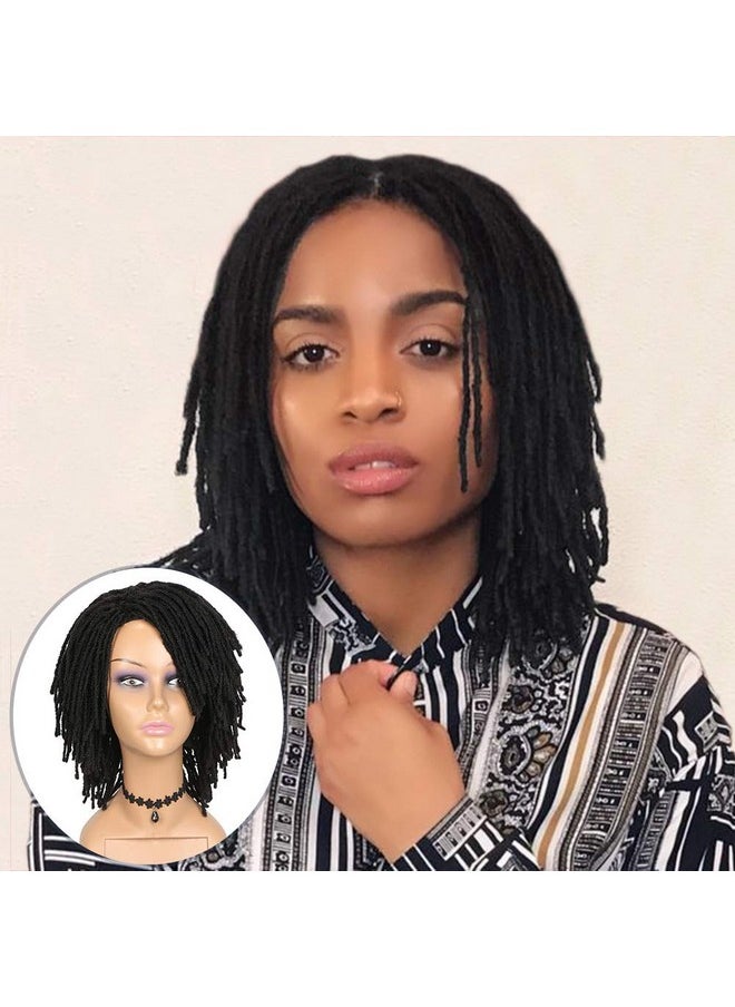 HANNE باروكة شعر قصيرة بضفائر على شكل ضفائر للنساء والرجال السود، باروكة شعر أفريقية مضفرة بضفائر صناعية للأمريكيين من أصل أفريقي، باروكة شعر كاملة بضفائر مجعدة (باروكة سوداء)  - Image 2