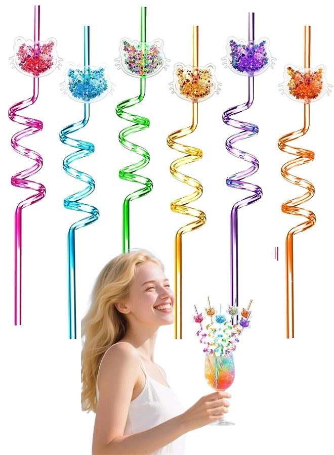 6 Colors Glitter Cat Straws, Reusable Spiral Drinking Straws with Detachable Kitty Charms Party Supplies for Kids & Adults - Image 1