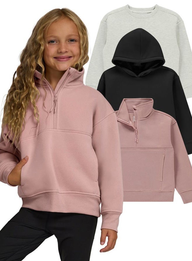PURE CHAMP Girls Sweatshirt 3 Pack Hoodie for Teen Girls Crewneck Sweatshirt Quarter Zip hoodies Fleece Sizes 4–16 Clothing, Black, Oatmeal Melange, Rose Pink, XS - Image 1