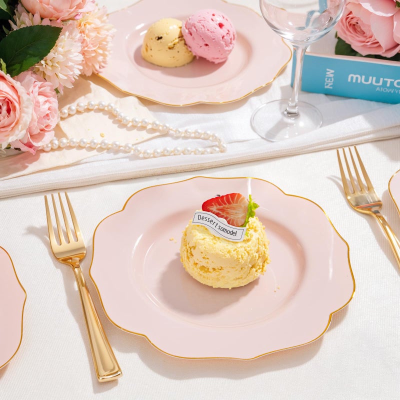 bUCLA 48Pieces Pink Plastic Dessert Plates - 7.5inch Premium Hard Pink with Gold Rim Small Cake/Salad/Appetizer Plates Disposable for Wedding, Party, Shower & Easter - Image 3