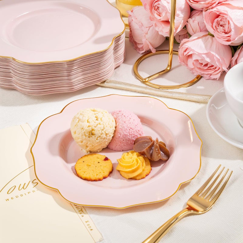 bUCLA 48Pieces Pink Plastic Dessert Plates - 7.5inch Premium Hard Pink with Gold Rim Small Cake/Salad/Appetizer Plates Disposable for Wedding, Party, Shower & Easter - Image 5