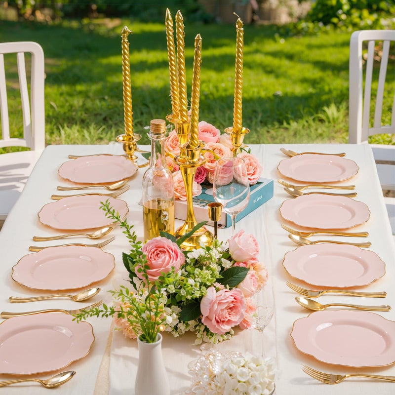bUCLA 48Pieces Pink Plastic Dessert Plates - 7.5inch Premium Hard Pink with Gold Rim Small Cake/Salad/Appetizer Plates Disposable for Wedding, Party, Shower & Easter - Image 4