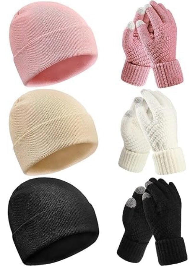 HZYH 6 Pieces Winter Beanie Hat Gloves Set, Warm Knit Hat Touchscreen Gloves Soft Cozy Skull Cap Set for Women Men - Image 1