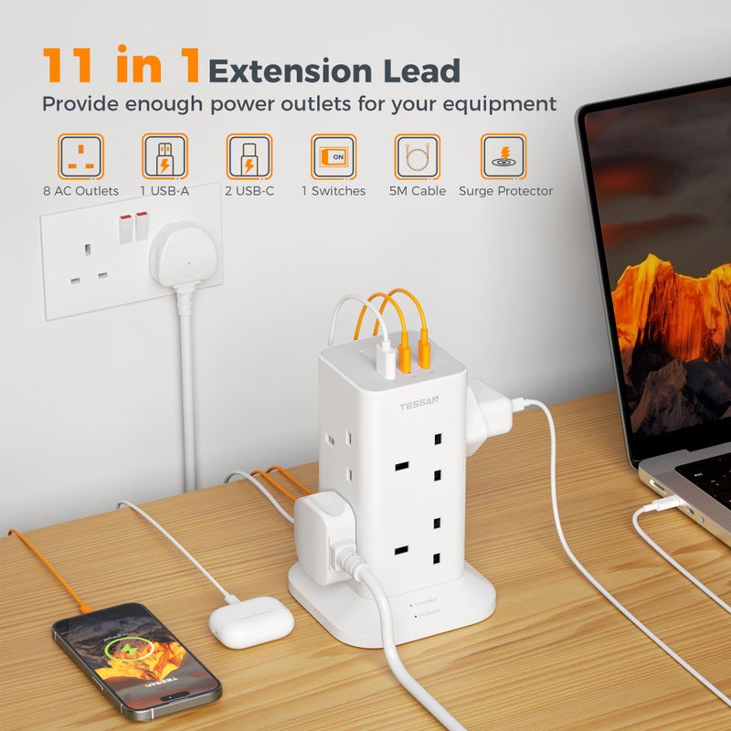 تيسان TESSAN Tower Extension Lead 5M with 2 USB C Slots - Image 2