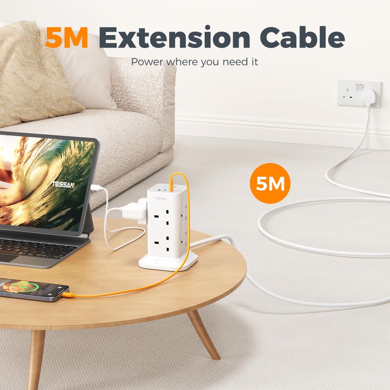 تيسان TESSAN Tower Extension Lead 5M with 2 USB C Slots - Image 4