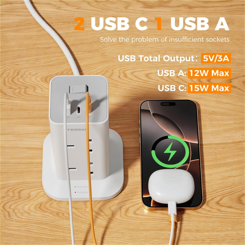 تيسان TESSAN Tower Extension Lead 5M with 2 USB C Slots - Image 3