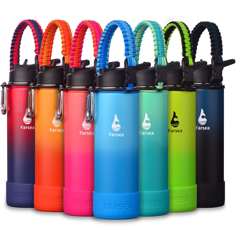 Farsea Insulated Water Bottle With Paracord Handle Protective Silicone Boot and 2 Lids Straw Lid  Spout Lid Stainless Steel Water Bottle Wide Mouth Double Wall SweatProof BPAFree 24 oz