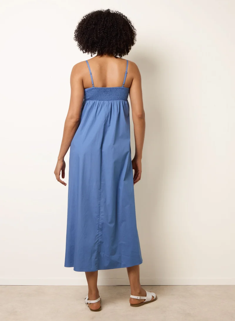 Blue Vanilla Palm Tree Embroidery Smock Dress