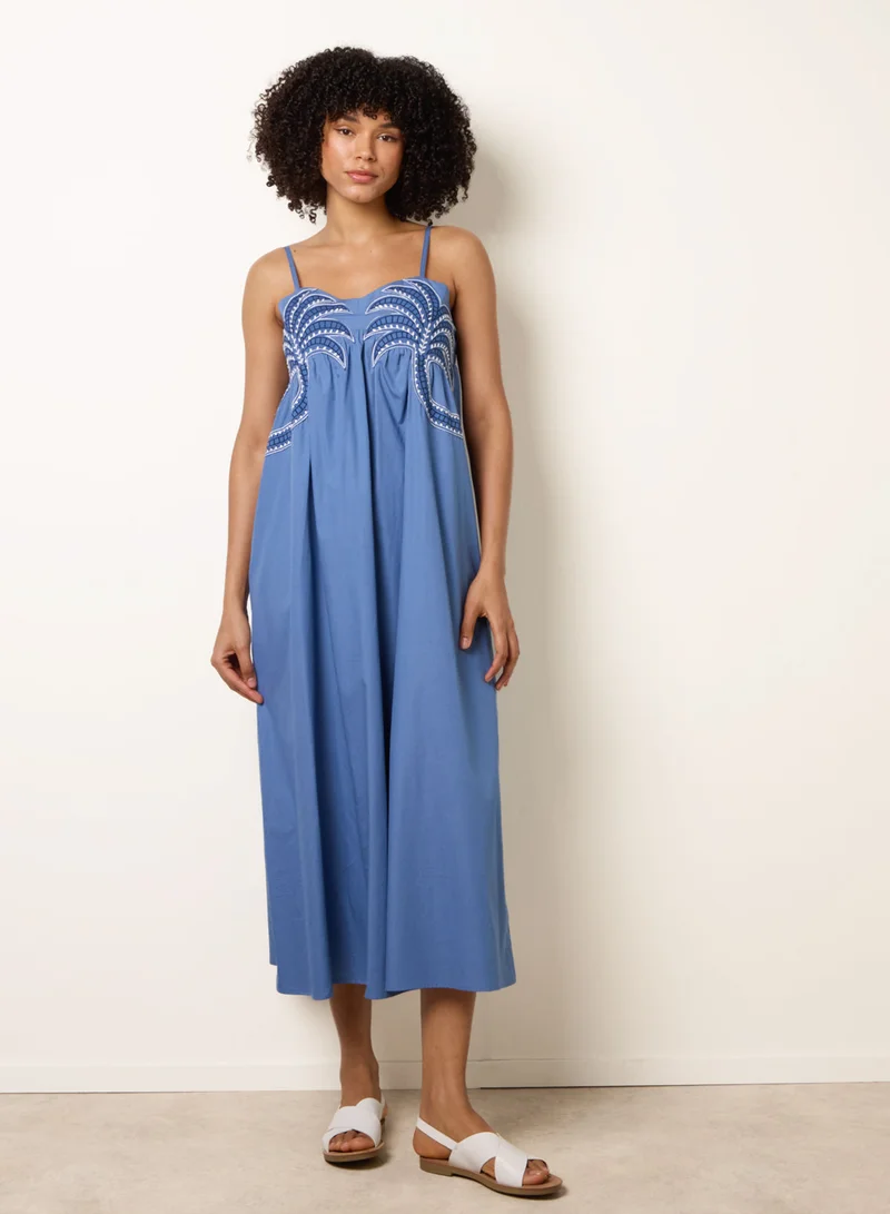 Blue Vanilla Palm Tree Embroidery Smock Dress