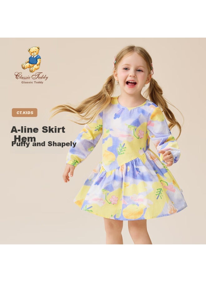 Classic Teddy Girls' Long Sleeve Cotton Floral Dress Purple Yellow 120