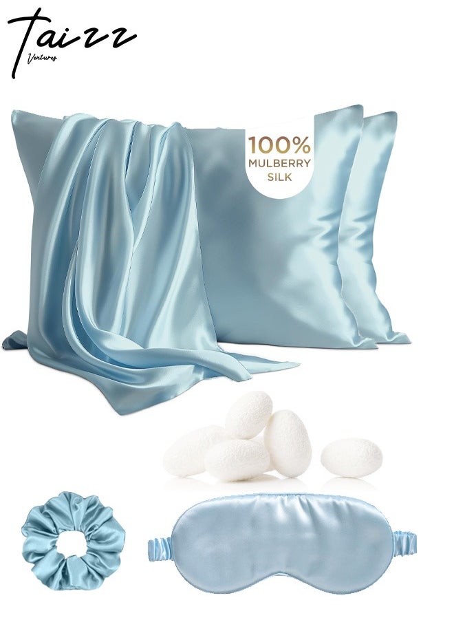 Taizz Ventures 2 Pack Satin Pillowcases for Hair and Skin, Includes Eye Mask and Hair Tie, Luxurious, Soft, and Skin-Friendly, Blue- Queen Size 30x20 Inch  - Image 1