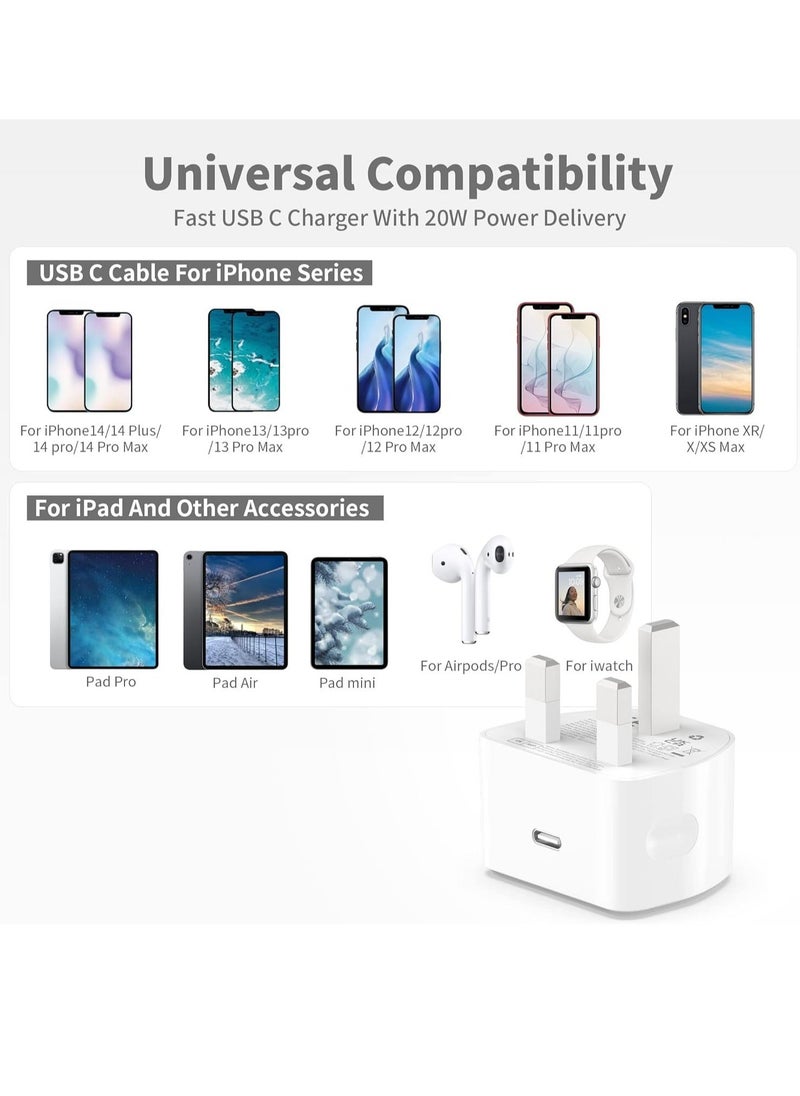 HuHa - 20W USB C Fast Charger With 2M Cable for iPhone 14/14 Plus/14 Pro/14 Pro Max/13 12 11 X XR XS SE 2020 8 7 6 6S Mini, Pad Pro, USBC PD Wall Charging Plug UK Type C Power Adapter and 6FT Cord - Image 1