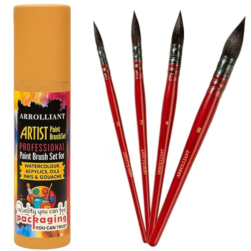 ARROLLIANT Watercolor Paint Brush Set, 4 Pcs Synthetic Squirrel Hair Mop Brushes, Red-Brown Wooden Handles, Round Tip, Ideal for Acrylic Painting, Artist Quality Art Supplies with Brush Holder - Image 2