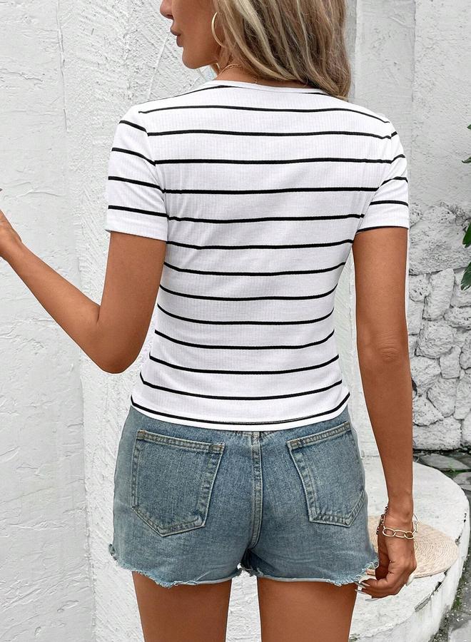 Take Two Striped Round Neck Short Sleeve T-Shirt - Image 2