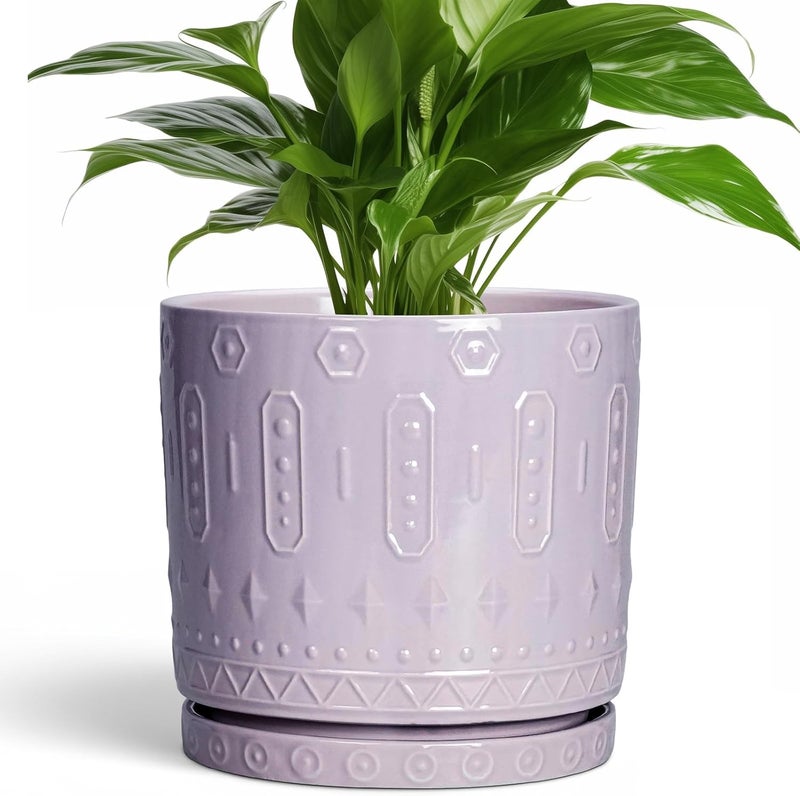 Eightpot 8 Inch Ceramic Planter Pot Plant Pot with Drainage Hole and Saucer, Round Large Flower Pot for Indoor Plants Outdoor Garden Planter Pot, Purple - Image 1