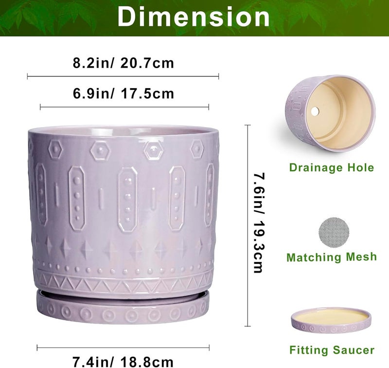 Eightpot 8 Inch Ceramic Planter Pot Plant Pot with Drainage Hole and Saucer, Round Large Flower Pot for Indoor Plants Outdoor Garden Planter Pot, Purple - Image 2