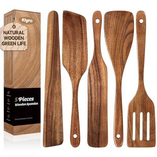 KLYRO 5 PCS Wooden Spatula Set, Natural Teak Wooden Spoons for Cooking, Nonstick Cookware Safe Kitchen Utensils Set, Durable & Elegant Cooking Utensils Gift Set - Image 1