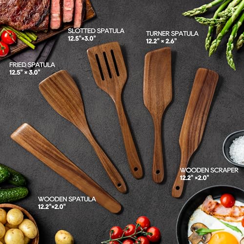 KLYRO 5 PCS Wooden Spatula Set, Natural Teak Wooden Spoons for Cooking, Nonstick Cookware Safe Kitchen Utensils Set, Durable & Elegant Cooking Utensils Gift Set - Image 3