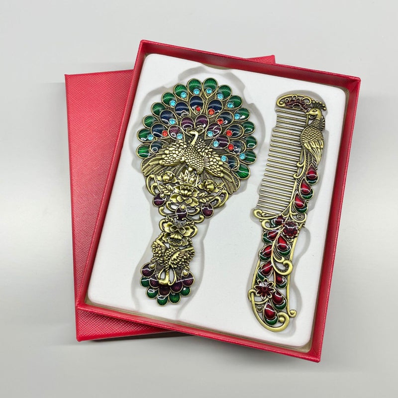 Creative Retro Peacock Open Screen Small Mirror Handle Metal Cosmetic Mirror Portable Mirror Comb Suit Holiday Gifts - Image 5