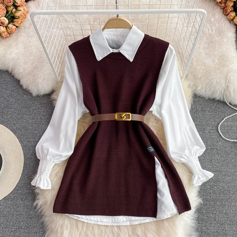 Spring Autumn Casual Knit Vest and Shirt Set for Women Coffee two-piece set