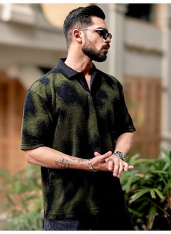 Maniac Maniac Men Spray Art Polo Neck 3/4th Sleeve Olive Cotton T-Shirt  - Image 2