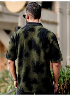 Maniac Maniac Men Spray Art Polo Neck 3/4th Sleeve Olive Cotton T-Shirt  - Image 4