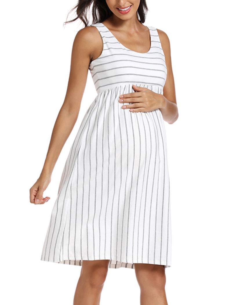 Ecavus Womens Maternity Tank Dress Stripe Color Block Sleeveless Knee Length for Baby Shower - Image 3