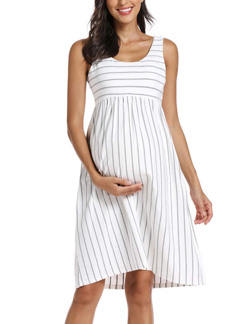 Ecavus Womens Maternity Tank Dress Stripe Color Block Sleeveless Knee Length for Baby Shower - Image 1