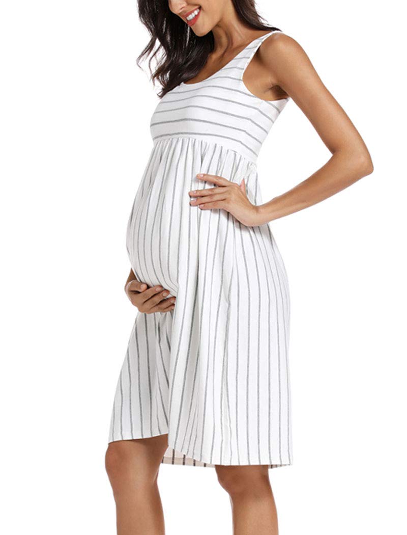 Ecavus Womens Maternity Tank Dress Stripe Color Block Sleeveless Knee Length for Baby Shower - Image 2